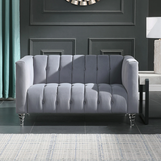 Traditional Chesterfield Beautiful Design Velvet Upholstery 2S Grey Sofa with Acrylic Legs and Clean Lines for Living Room