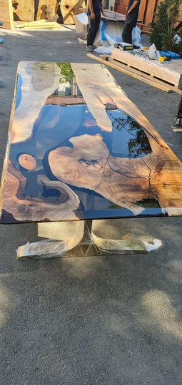 River Table, Live Edge Handmade Epoxy Custom 115" X 42" Walnut Smokey Gray Order For Kathy