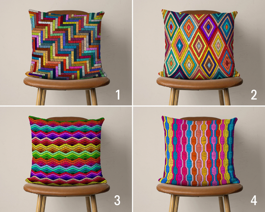 Colorful Embroidery Design Pillow Case, Multi-Colored Geometric Cover, Sewn Looking Cushion Gift For Her, Digital Print