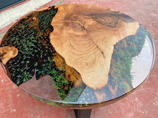 Floral Epoxy Table, Round Dining Clear Resin Table, Walnut Coffee Center Side