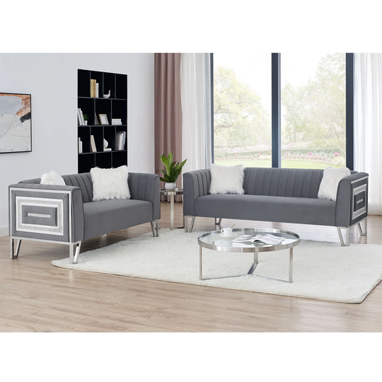 2 PCS Sofa Set 3-Seat Sofa and Loveseat Mirrored Side Grey