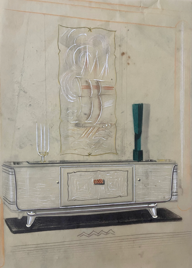 1930S French Gouache Architectural Study On A Mylar Cutout. Furniture Design. Study Of Sideboard. Modern Furniture