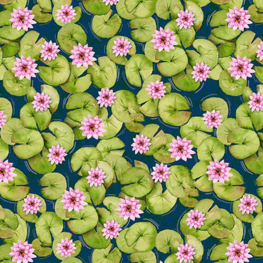 Dockside - Lily Pad Allover # 9778-76 Green/Navy By Henry Glass Water Lillies 100% Cotton Woven Fabric, Choose Your Cut