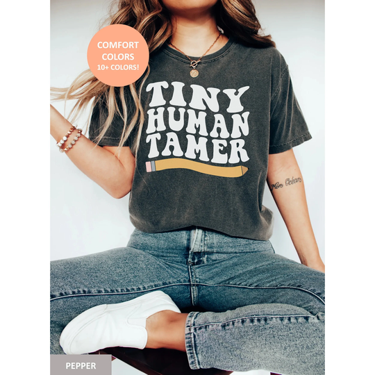 Tiny Human Tamer Teacher Comfort Colors Shirt, Retro Pencil Shirt Gifts For Kindergarten Pre-K Funny Tee