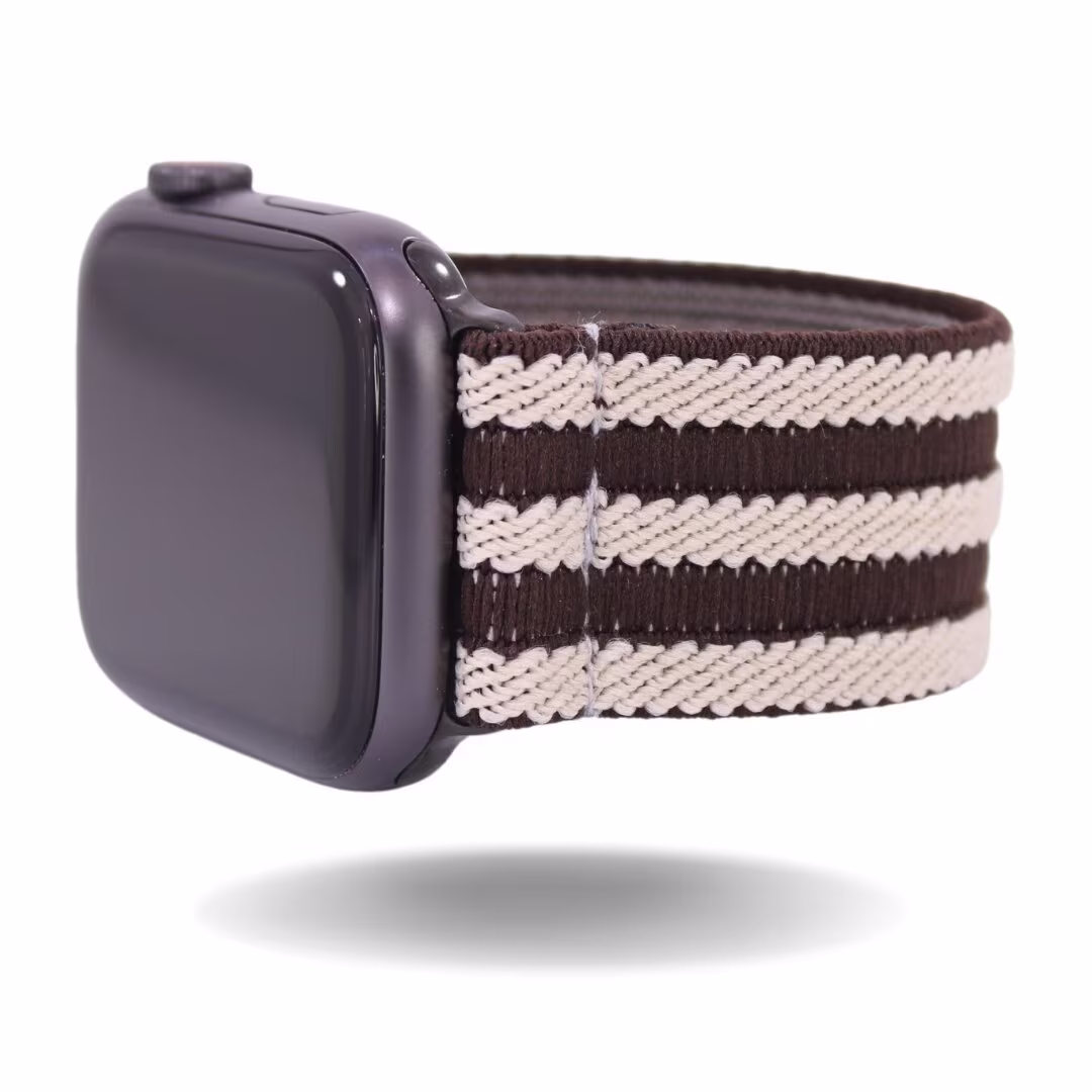 Elastic Watch Band For Apple - All Series | Models 1 8, Se, Ultra| Brown Textured Stripe Cream | Handmade Stretchy Comfy Strap