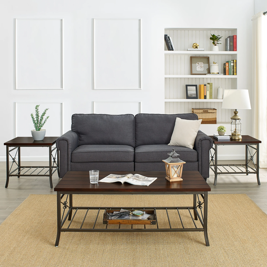 Cocktail Table Set of 3pk for Living Room, 3-Piece Occasional Table Set 1 cocktail and 2 End Table Sets, Brown