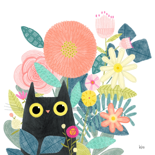 Flower Cat Pencil Illustration Print - Lover Gift