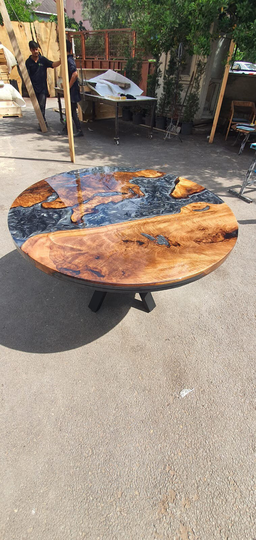 Epoxy Coffee Table, Custom 50" Diameter Round Walnut Wood Shiny Metallic Gray Order For Karen M