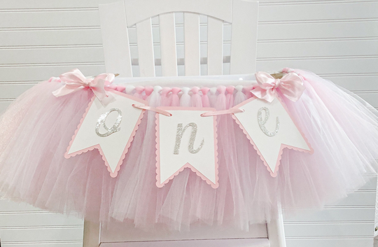 Pink Silver High Chair Tulle Tutu, 1st Birthday Banner, & Glitter