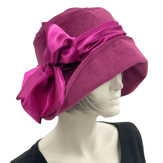 Velvet Cloche Hat, in Raspberry Pink With Satin Scarf & Bow, Birthday Gift For Hat Lover, Made Usa