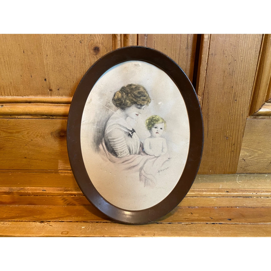 Vintage Pencil Drawing Print | Mother & Child Victorian Wall Decor Framed Art