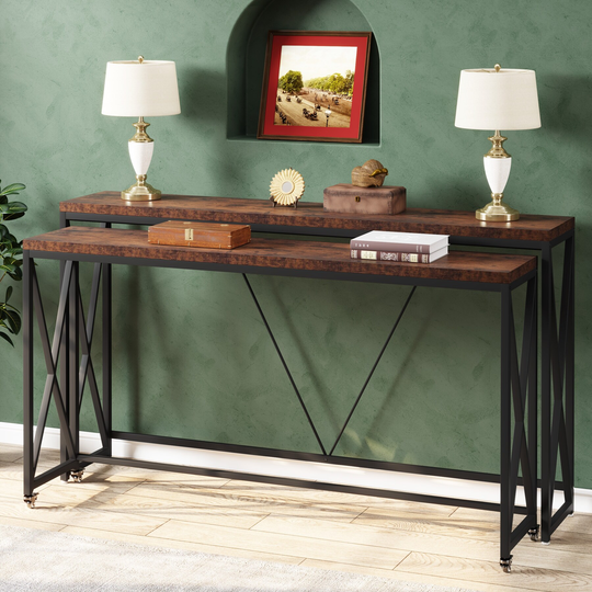 Sofa Table Set of 2, Narrow Long Sofa Console Tables with Wheels for Entryway