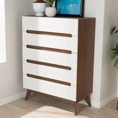 Bolesworth Mid-Century Modern White And Walnut Wood 5-Drawer Storage Chest
