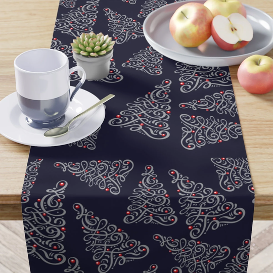 Navy Blue Table Runner, Silver Tree Christmas Decor, Holiday Gift