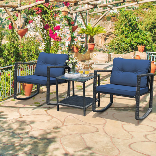 Gymax 3PCS Rattan Rocking Chair Table Set Patio Furniture Set w/ Navy - 25'' x 27'' x 28''