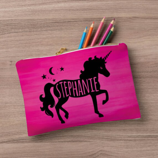 Unicorn Large Zipper Pouch, Custom Name Pencil Case, Stationery Zip Personalized School Supplies, Back To