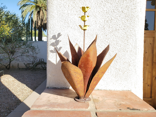Metal Agave Cactus With Yellow Sunburst Flowers Small 17 Inch/Southwest Desert Metal Sculpture Yard Art Handmade Gift