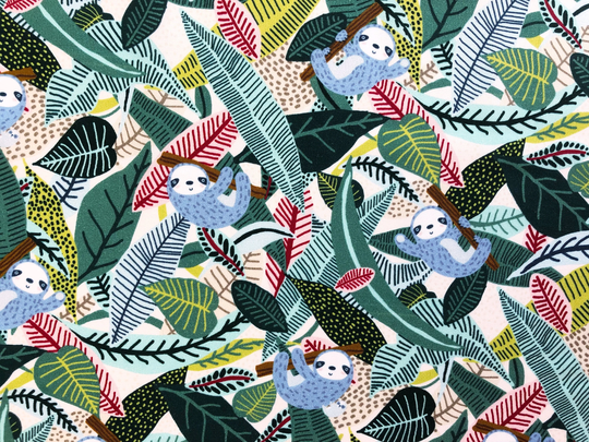Blue Pink Sloths in The Rainforest Leaves Quilting Cotton Fabric By 1/4 Or 1/2 Yard, Fat Quarter Fabric, Animal