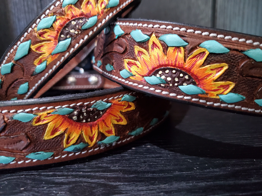 Leather Dog Collar - Sunflower With Turquoise Buckstitch Tooling Soft Oiled Leather