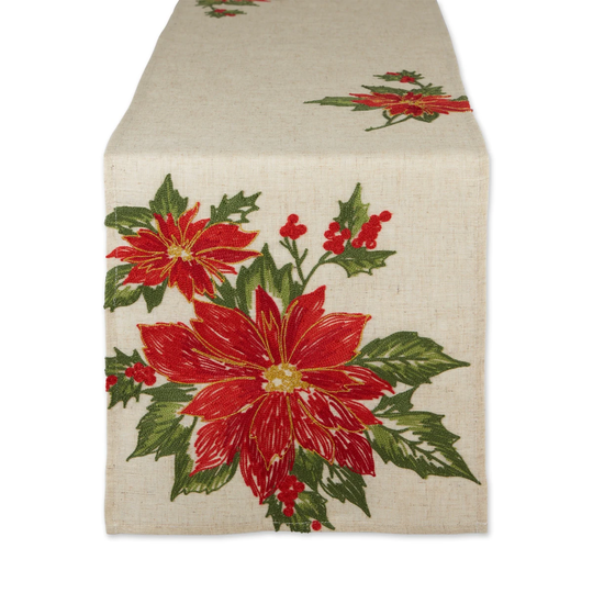 70" Red and Beige Poinsettia Holly Embroidered Table Runner