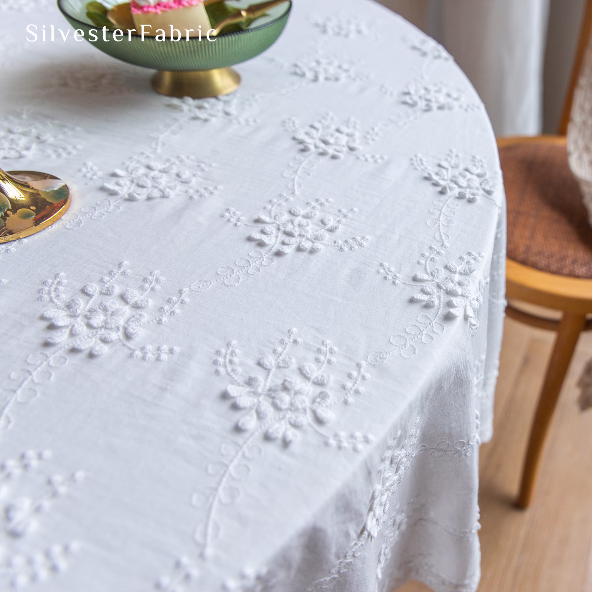 White French Vintage Embroidered Country Floral Cotton Wedding Tablecloth, Rectangle Table Cloth, Indoor Outdoor Party Decor