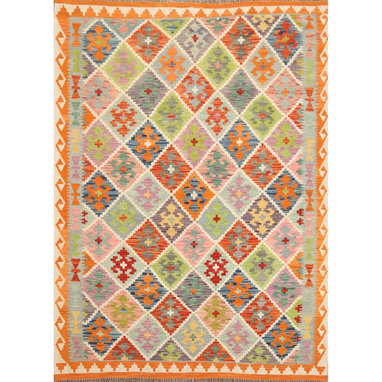 Multi-Color Kilim Trellis Oriental Area Rug Flat-weave Wool Carpet - 5'2"x 6'8"
