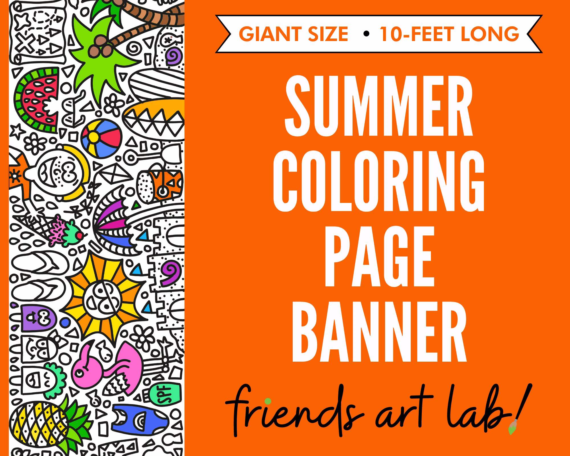 Giant 10-Foot Summer Coloring Page Banner | Poster Summertime Kids Activity Tablecloth 30" X 120" Inches