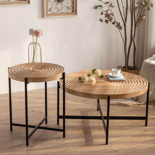 MDF Table Top with Cross Legs Metal Base Round Coffee Table Set of 2