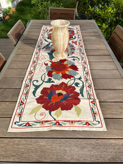 Embroidered Suzani Table Runner Bohemian Decor Red Blue Yellow 72"x18" | 185x45cm Eclectic Silk Lumbar Home Decoration