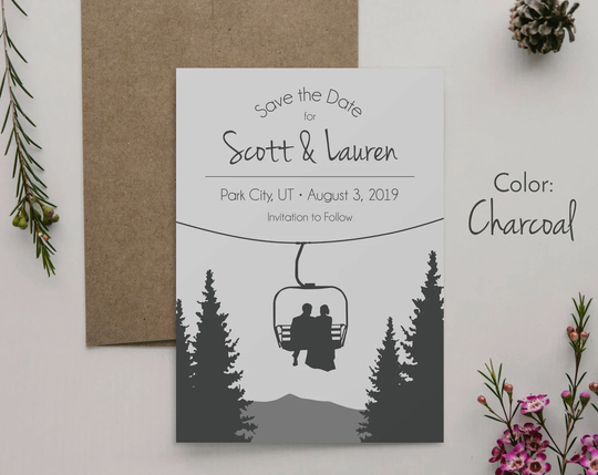 Chair Lift Save The Date, Ski Card, Mountain Wedding Resort Custom Postcard Snowboard