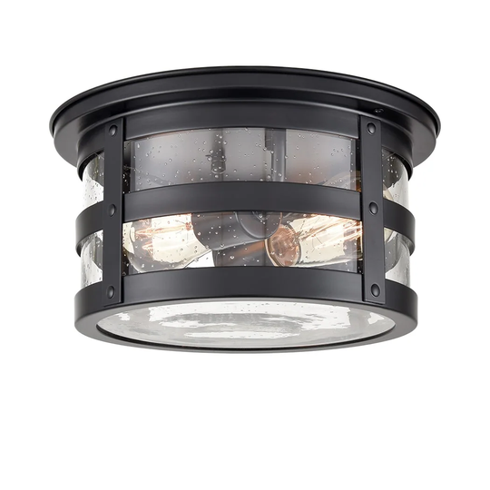 Bologna Industrial Black Flush Mount Ceiling Light Seeded Glass Drum Light - Matte Black