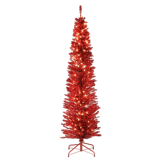 6' Pre-Lit Red Pencil Tinsel Artificial Christmas Tree - Clear Lights - 6 Foot