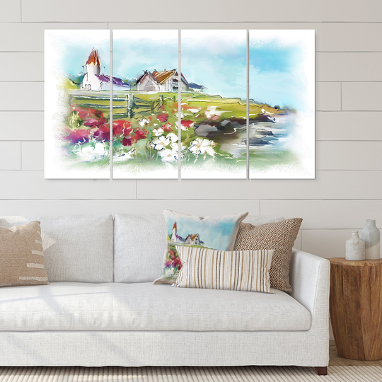 Designart 'White Buildings On Colorful Green Meadow' Country Canvas Wall Art Print - 48x28 - 4 Panels