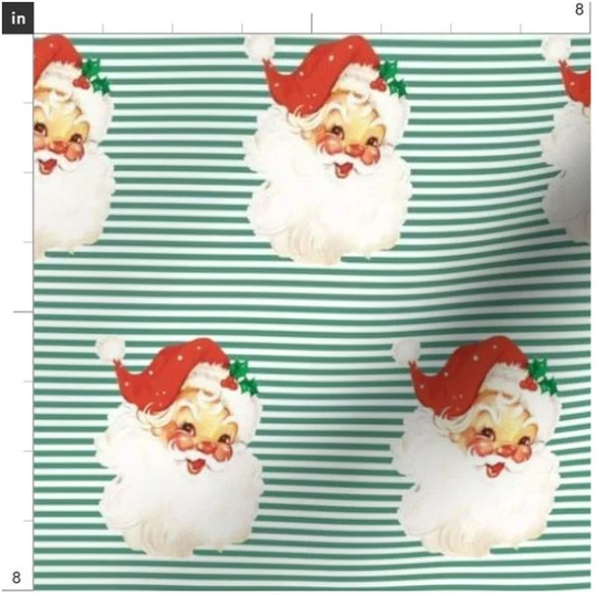 Vintage Santa On Green Stripes Fabric By The Yard | Christmas Claus Holiday Retro Classic Organic