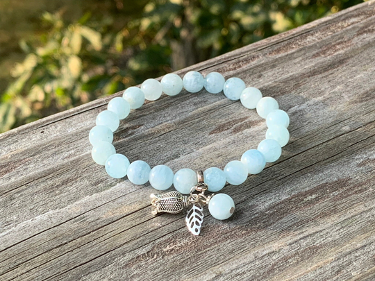 Aquamarine Bracelet Natural Stretch Bracelet, March Birthstone, Charm 8mm Bead Bracelet