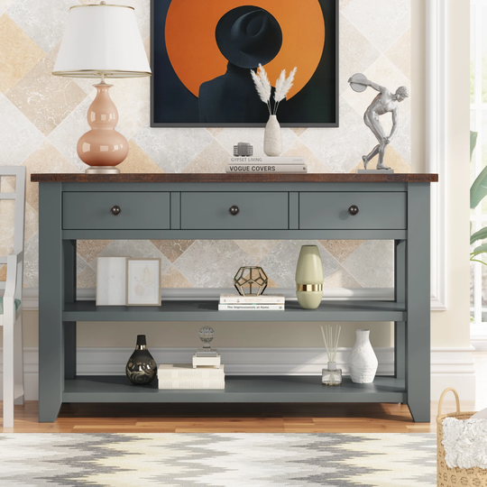 48'' Solid Pine Wood Sideboard Cabinet Side End Table Sofa Table Console Table with 3 Drawers & 2 Shelves