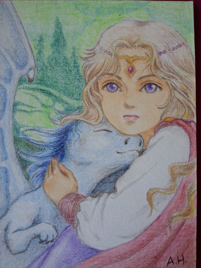 Original Aceo, One-Of-A-Kind Hand-Painted Miniature, Colored Pencil, Allie Huang, Fairy Witch Elf Child & Dragon, Medieval Magic, Anime