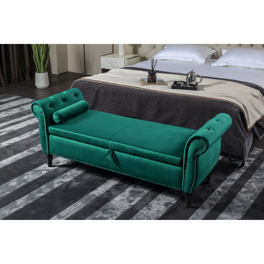 Velvet Storage Rectangular Sofa Stool Buttons Tufted Nailhead Trimmed with 1 Pillow
