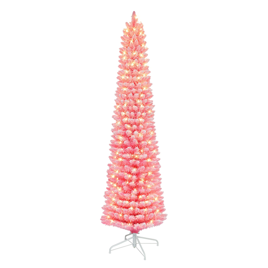 7.5 ft Pre-lit Flocked Fashion Pink Pencil Tree, 708 Tips, 300 UL Clear Incandescent Lights