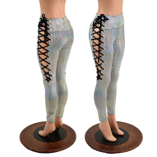 Prism Holographic High Waist Leggings With Laceup Ties From Knee To The Top Of Waistband in Smooth Black Spandex 157794