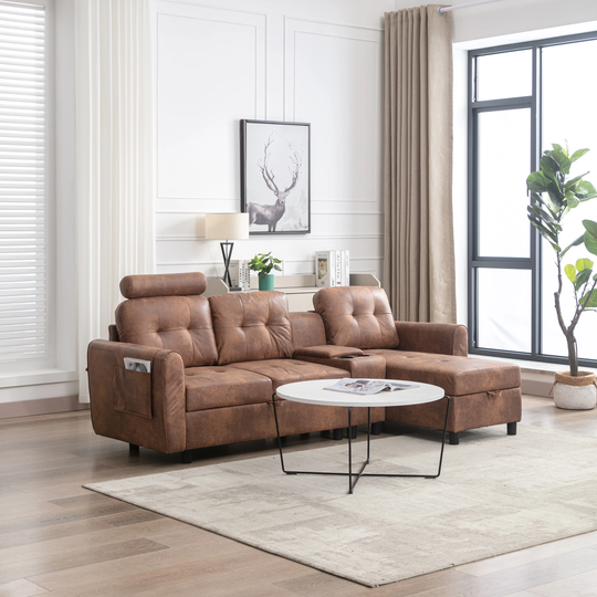 Upholstered Coffee Sectional Sofa w/Cup Holder and Storage Chaise