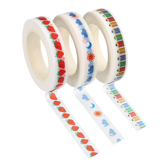 3pcs 8mmx10m Washi Tape Masking Sticker, Pencil, Strawberry, Weather - White