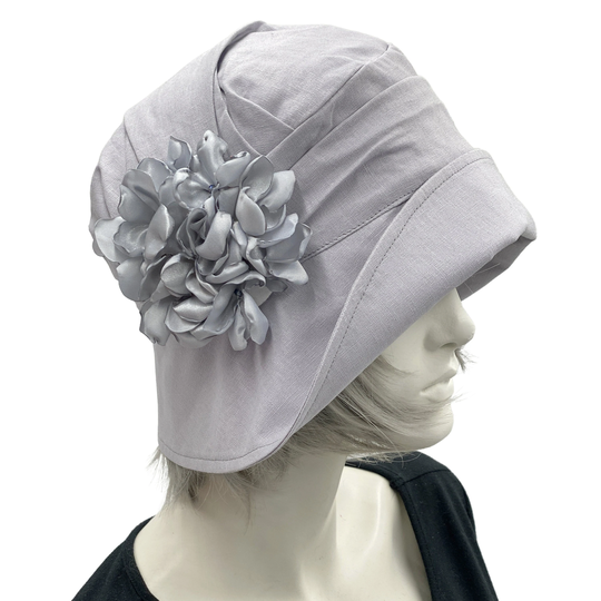 1920S Cloche Hat, Pearl Gray Linen Or Choose Your Color, With Hydrangea Petal Brooch, Weddings & Garden Tea Party, Handmade in Usa