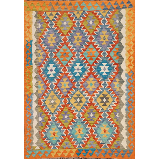 Multi-Color Kilim Reversible Rug Flat-weave Wool Carpet - 5'0"x 6'4"