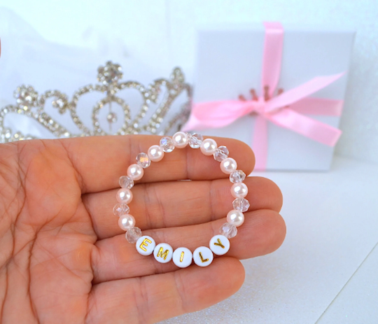 Pink Pearl & Sparkly Clear Swarovski Crystal Baby Bracelet, Shower Gift, Personalized, Name Newborn Toddler Bracelet
