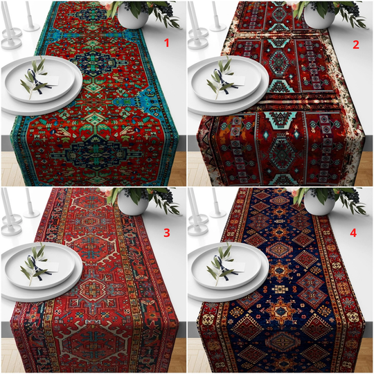 Rug Style Table Runner, Ethnic Topper, Turkish Kilim Printing Aztec Collection Sheet, Southwestern Cover, Boho Decor