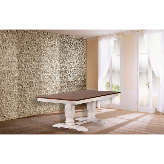 Rectangle Dining Table 42"x64"x82" Double Pedestal Transitional, Distressed Cocoa Brown/Cotton White - N/A
