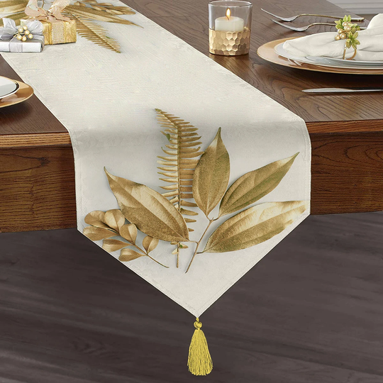 Golden Leaf Table Runner|Tasseled Chenille Runner|Triangle Runner|Decorative Tablecloth|Home Decor|Kitchen Decor|Printed Runners