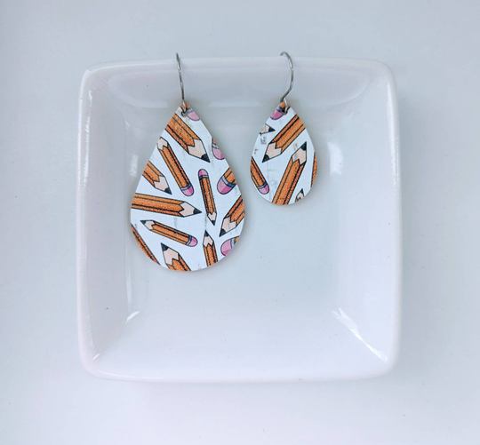 Pencil Leather Earrings, Cork Pencil School Teacher Earrings