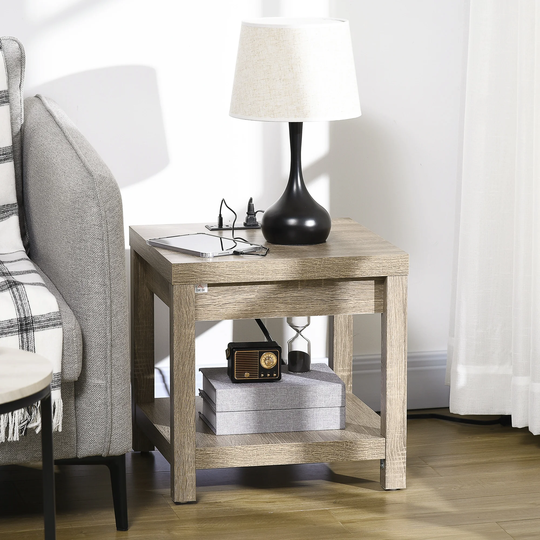 HOMCOM Storage End Table with Charging Station, Small Side Table for Small Spaces, Wood End Table with USB Ports and Outlets